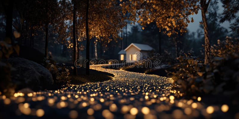 La via d'oro illuminata da luci calde porta al comodo cottage di colore bianco Generative AI fotografie stock libere da diritti