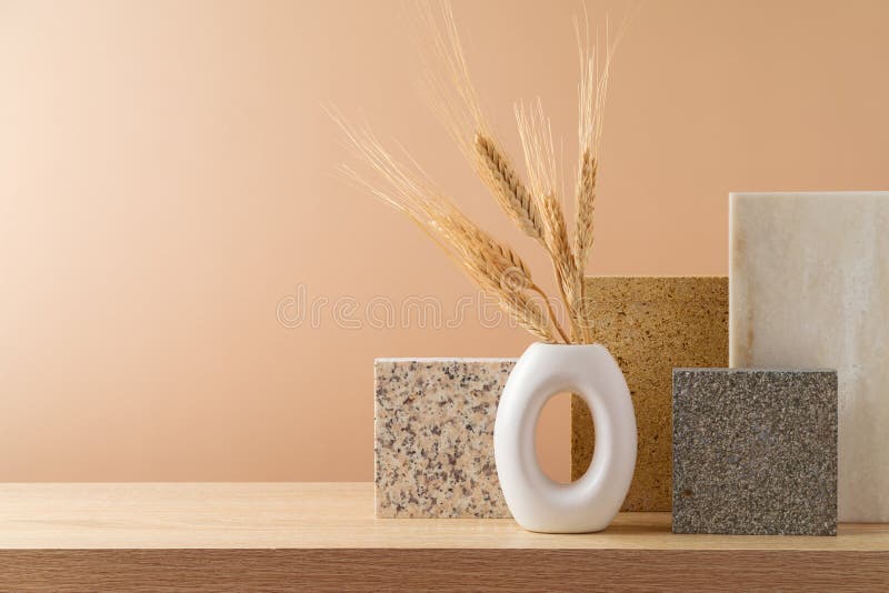 La vida moderna con jarrón de trigo y piedras. composición abstracta para fondo de diseño interior imagen de archivo libre de regalías