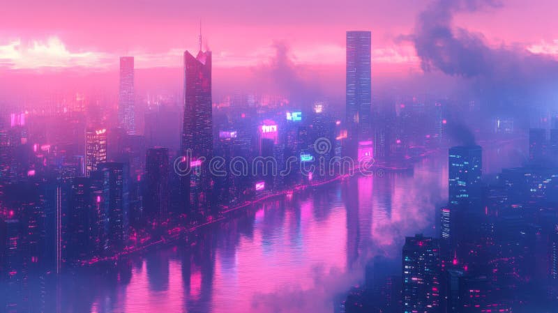 La ville de Neon réfléchit à Pink River à Dusk illustration de vecteur