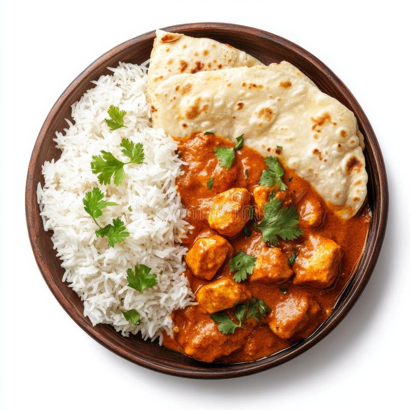 La vista de arriba de un plato de pollo tikka masala con arroz imágenes de archivo libres de regalías
