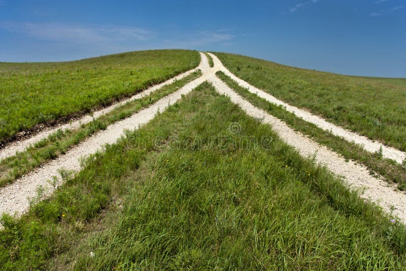 An unusual reversed view of a Fork In The Road. Not so often do we see the fork in the road coming together and disappearing over a hill. Rich, deep blue sky, tall grass and limestone gravel roads make this a very strong graphic. An unusual reversed view of a Fork In The Road. Not so often do we see the fork in the road coming together and disappearing over a hill. Rich, deep blue sky, tall grass and limestone gravel roads make this a very strong graphic.