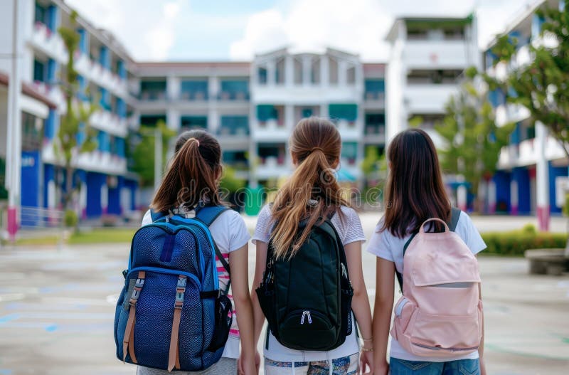 La vista posteriore di un bambino che indossa zaini luminosi e colorati mentre entra nella scuola elementare o elementare illustrazione vettoriale