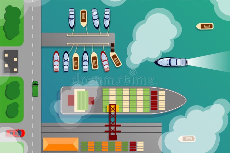 La vista superiore aerea terminale del porto del cantiere navale con le barche della nave da carico e dell'oceano vector l'illust royalty illustrazione gratis La vista superiore aerea terminale del porto del cantiere navale con le barche della nave da carico e dell'oceano vector l'illust royalty illustrazione gratis