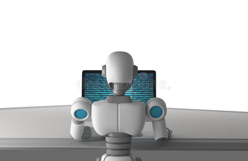 La visualizzazione posteriore del robot facendo uso di un computer con i dati binari numera il codice royalty illustrazione gratis La visualizzazione posteriore del robot facendo uso di un computer con i dati binari numera il codice royalty illustrazione gratis