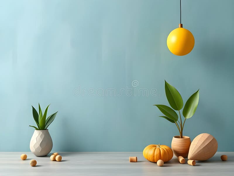La vita residua generata dall'AI con le piante verdi Decor di legno e Luce di Pendenza Gialla royalty illustrazione gratis