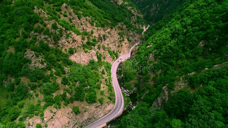 La vue aérienne du bourdon au-dessus de la route de montagne et les courbes allant par la forêt aménagent en parc clips vidéos