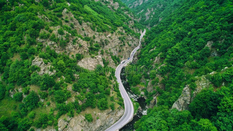La vue aérienne du bourdon au-dessus de la route de montagne et les courbes allant par la forêt aménagent en parc banque de vidéos