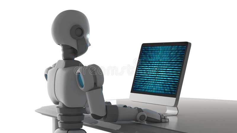 La vue de côté du robot utilisant un ordinateur avec des données binaires numérotent le code illustration libre de droits La vue de côté du robot utilisant un ordinateur avec des données binaires numérotent le code illustration libre de droits