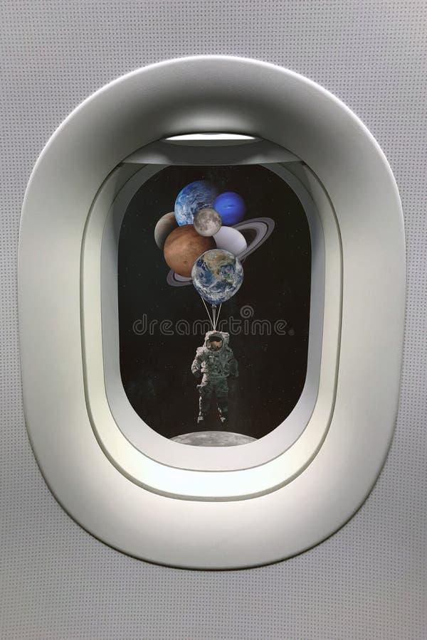 La vue de la fenêtre de hublot sur l'astronaute avec des planètes a formé des ballons dans le système solaire Éléments de cette i illustration stock La vue de la fenêtre de hublot sur l'astronaute avec des planètes a formé des ballons dans le système solaire Éléments de cette i illustration stock