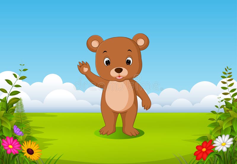 La vue naturelle avec un petit ours brun ondulant sa main illustration de vecteur La vue naturelle avec un petit ours brun ondulant sa main illustration de vecteur