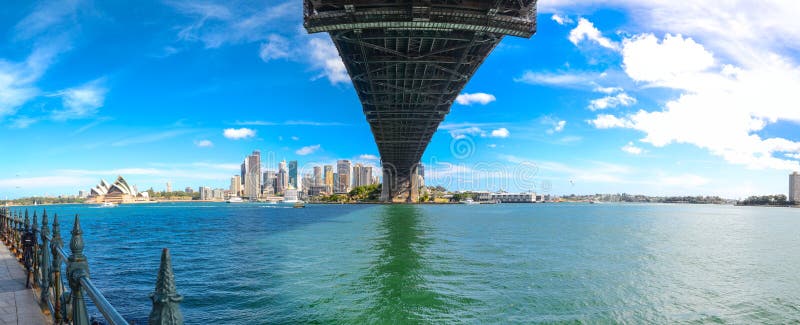 La vue panoramique du ` de théatre de l'opéra de ` d'expositions de paysage urbain de Sydney et la position sous le pont de port, photo libre de droits La vue panoramique du ` de théatre de l'opéra de ` d'expositions de paysage urbain de Sydney et la position sous le pont de port, photo libre de droits
