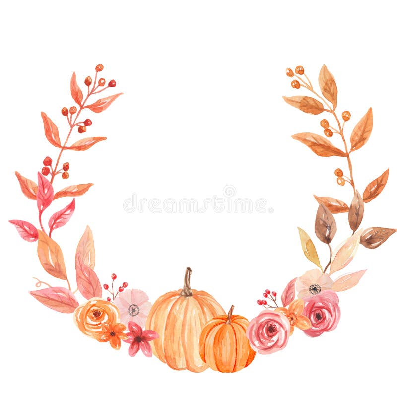 La zucca Autumn Wreath Garland Frame Fall dell'acquerello lascia i fiori Berry Leaf del cerchio royalty illustrazione gratis