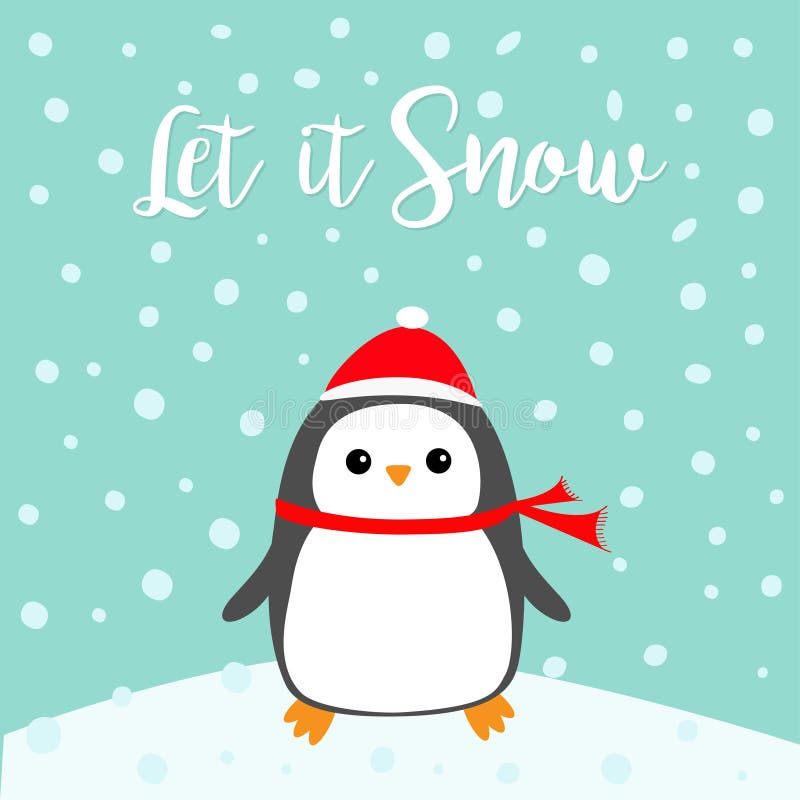 Laat het sneeuwen De vogel van de Kawaiipinguïn op sneeuwbank Rode Santa Claus-hoed, sjaal royalty-vrije illustratie Laat het sneeuwen De vogel van de Kawaiipinguïn op sneeuwbank Rode Santa Claus-hoed, sjaal royalty-vrije illustratie