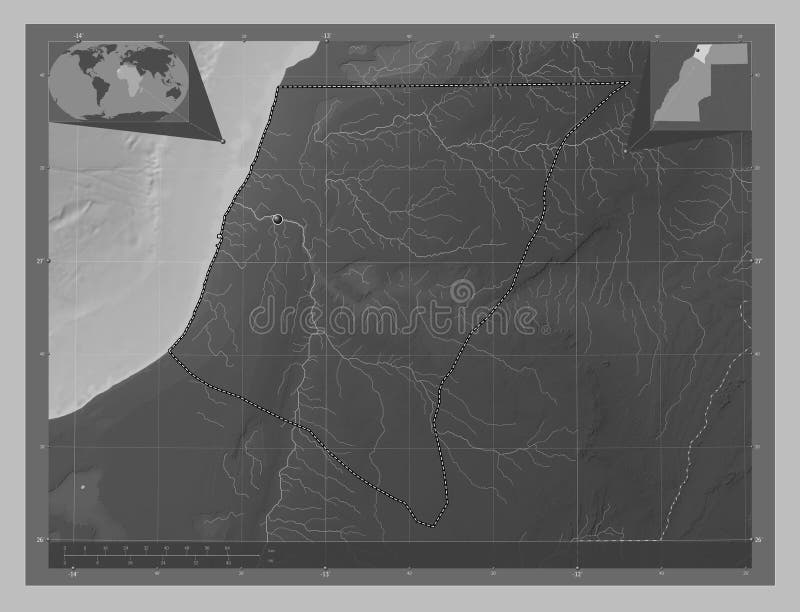 Laayoune-Sakia El Hamra, province of Western Sahara. Grayscale elevation map with lakes and rivers. Corner auxiliary location maps. Laayoune-Sakia El Hamra, province of Western Sahara. Grayscale elevation map with lakes and rivers. Corner auxiliary location maps