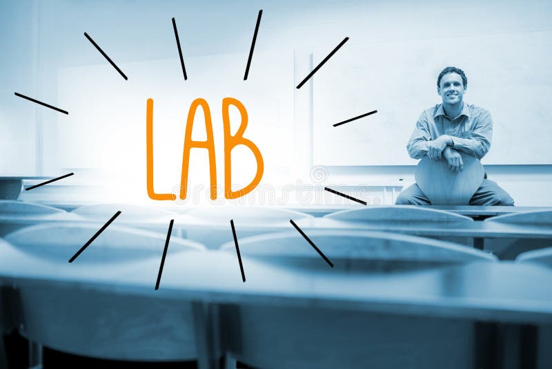 Lab against lecturer sitting in lecture hall stock photo