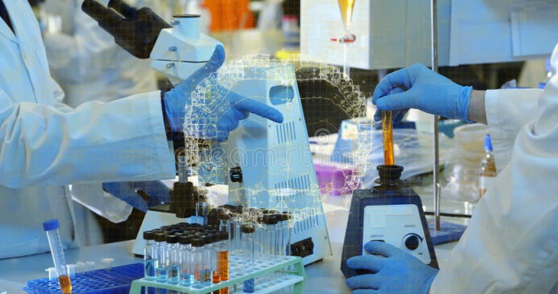 In lab, scientists analyzing test tubes and microscope with animation data overlay stock video footage
