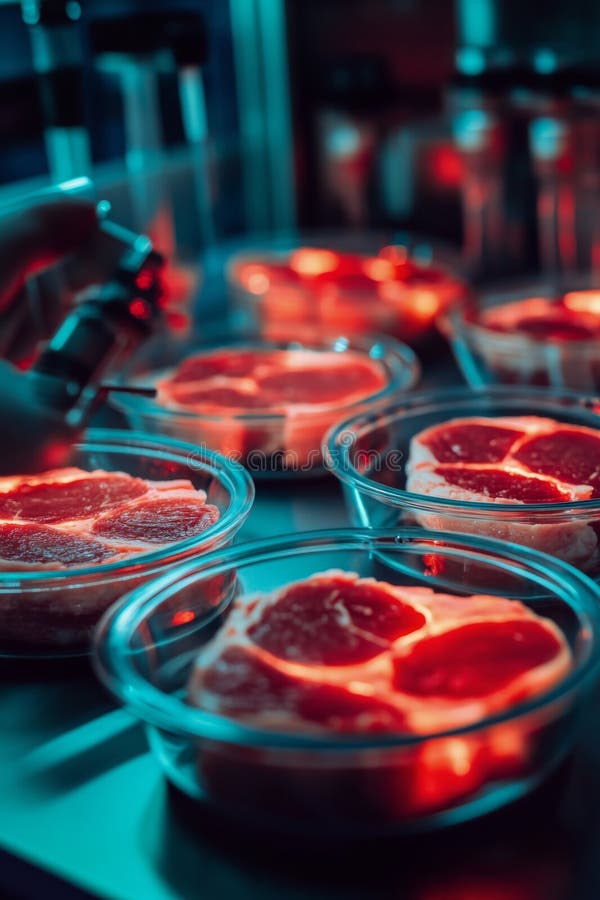 Lab setting featuring glowing petri dishes with meat samples under scientific examination stock image