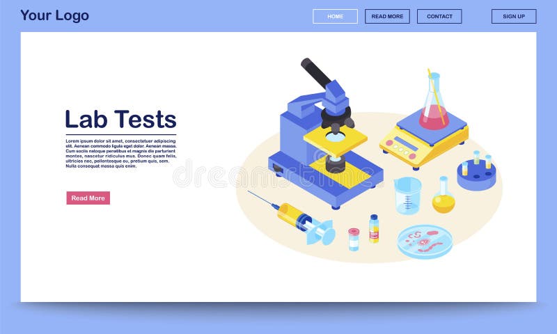 Lab tests webpage vector template with isometric illustration. Medical analysis. Diagnostic laboratory research. Microscope