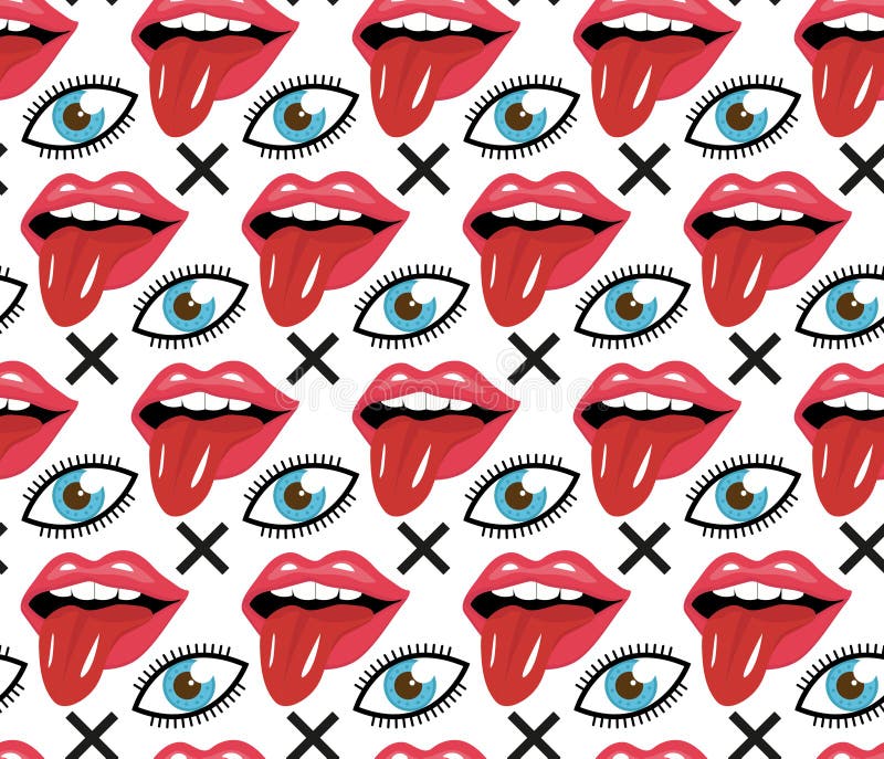 Labbra alla moda moderne con il modello senza cuciture dell'occhio e della lingua Bocca aperta di rosso con la lingua che attacca royalty illustrazione gratis Labbra alla moda moderne con il modello senza cuciture dell'occhio e della lingua Bocca aperta di rosso con la lingua che attacca royalty illustrazione gratis