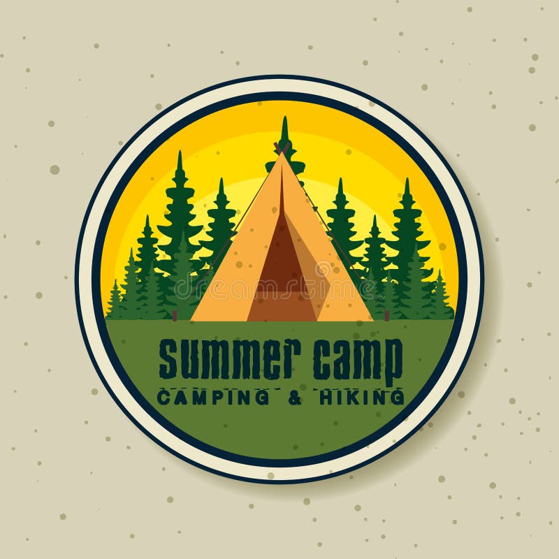Label of camp with pines trees explore stock illustration