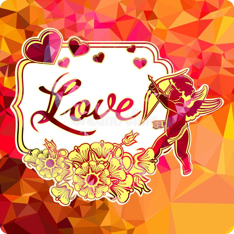 Label coloré avec des silhouettes de cupidon avec l'arc, les coeurs et les fleurs illustration stock Label coloré avec des silhouettes de cupidon avec l'arc, les coeurs et les fleurs illustration stock