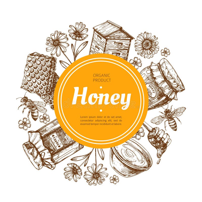 Label de miel Insigne naturel de miel de ferme avec l'abeille et le nid d'abeilles Illustration tirée par la main de vecteur de v illustration stock Label de miel Insigne naturel de miel de ferme avec l'abeille et le nid d'abeilles Illustration tirée par la main de vecteur de v illustration stock