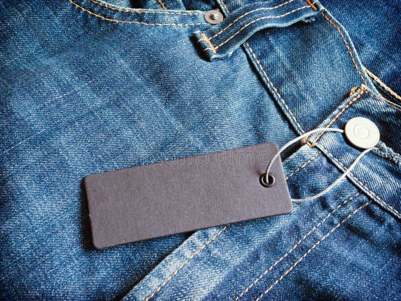 Download Label Gray Price Tag Mockup On Blue Jeans. Stock Photo - Image of hang, packaging: 89793424