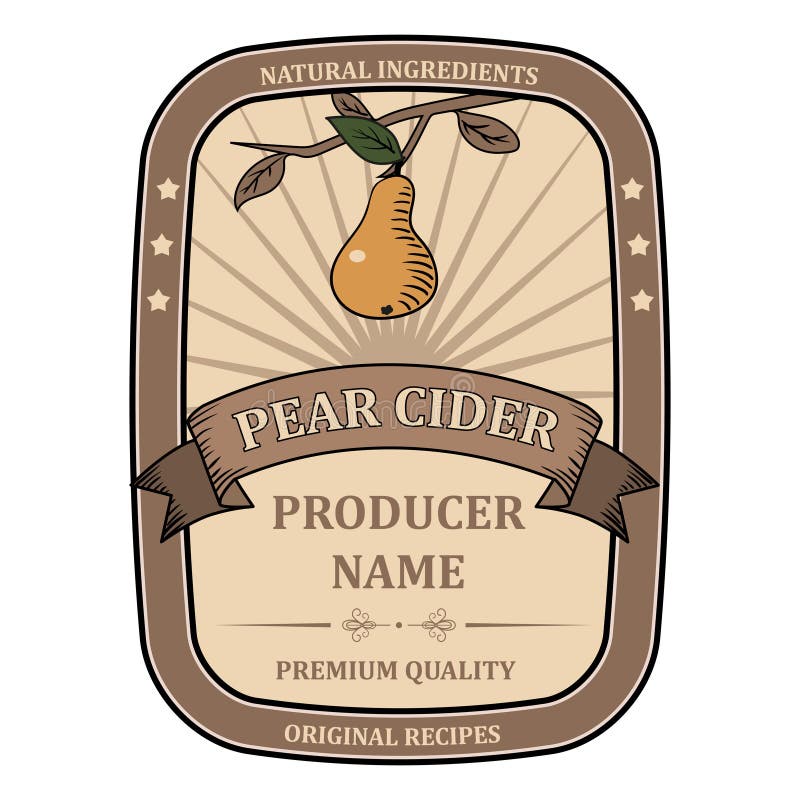 Pear Cider Label. Classic Lightalcohol Pears Beverage. Two Yellow Fruits with Leaves on a White
