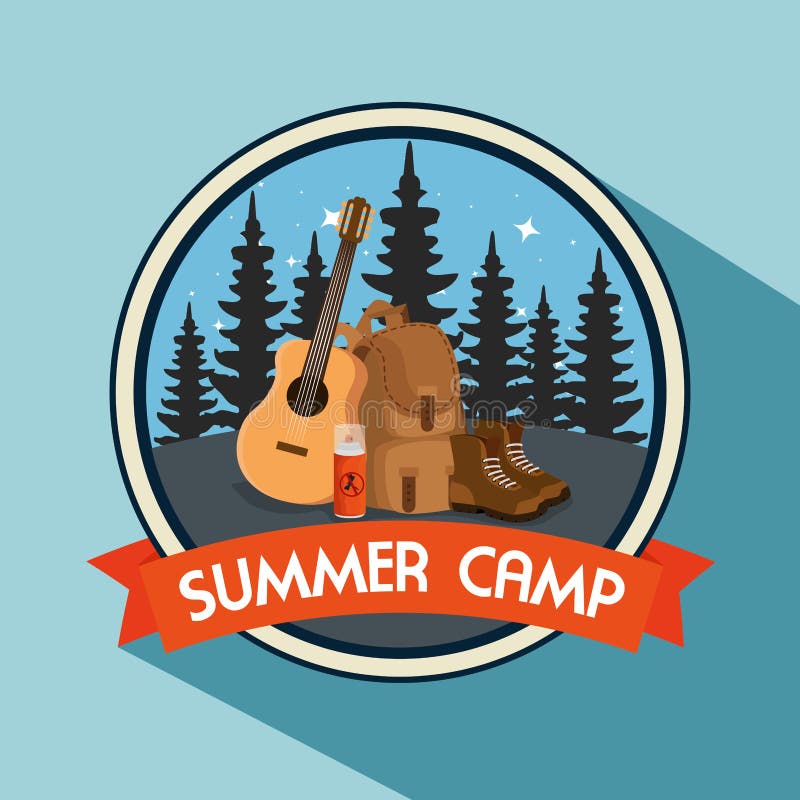 Label of pines trees with backpack and boots stock illustration