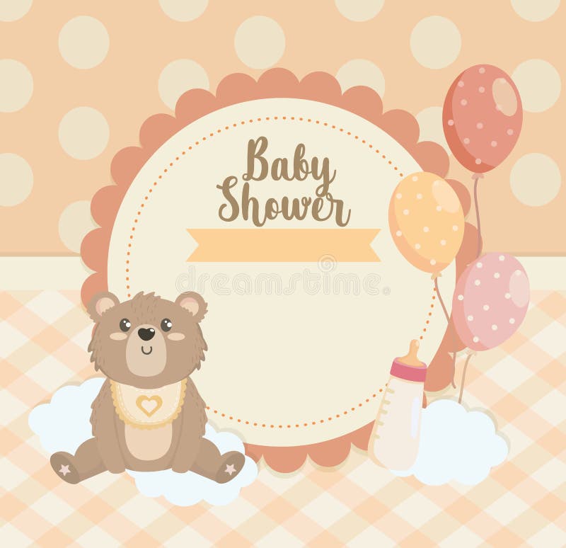 Label of teddy bear with balloons and feeding bottle stock illustration Label of teddy bear with balloons and feeding bottle stock illustration