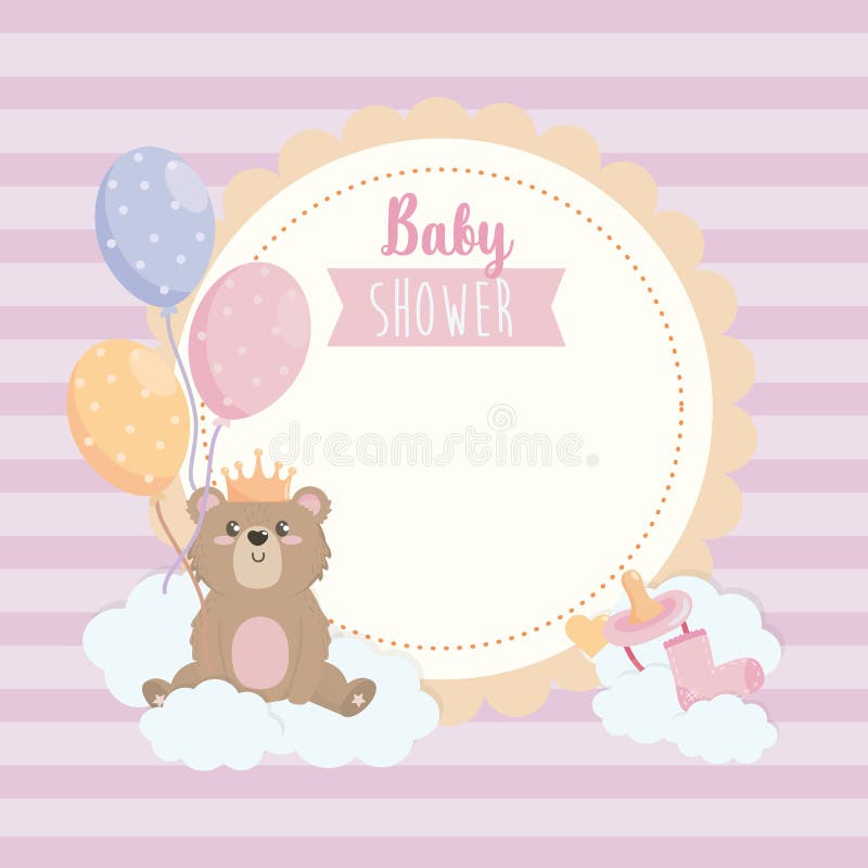 Label of teddy bear wearing crown with balloons and ribbon royalty free illustration Label of teddy bear wearing crown with balloons and ribbon royalty free illustration