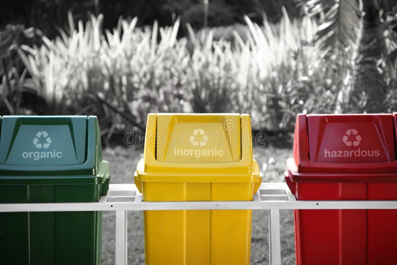 Labeled recycle bins, selective color stock photo Labeled recycle bins, selective color stock photo