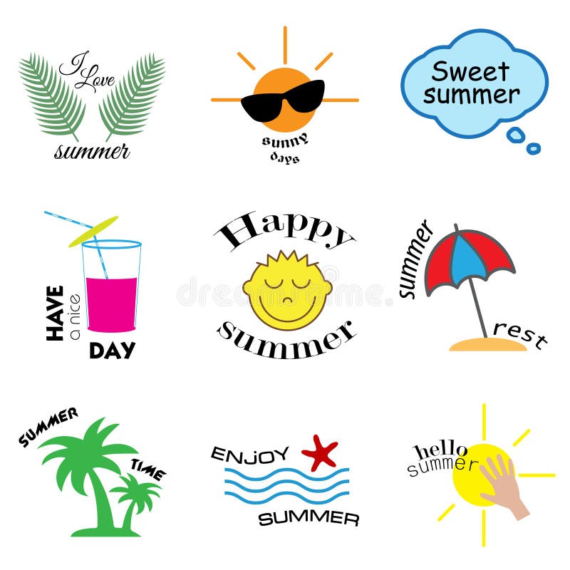 Labels d'été, logos, étiquettes tirées par la main et ensemble d'éléments pour des vacances d'été, voyage, vacances de plage, le illustration stock Labels d'été, logos, étiquettes tirées par la main et ensemble d'éléments pour des vacances d'été, voyage, vacances de plage, le illustration stock