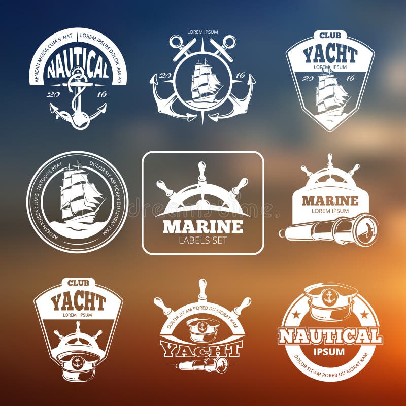 Marine, nautical vector labels on blurred background. Sailing ship nautical, marine yacht, nautical club, yacht logo, label marine yacht, badge vintage nautical vessel illustration. Marine, nautical vector labels on blurred background. Sailing ship nautical, marine yacht, nautical club, yacht logo, label marine yacht, badge vintage nautical vessel illustration