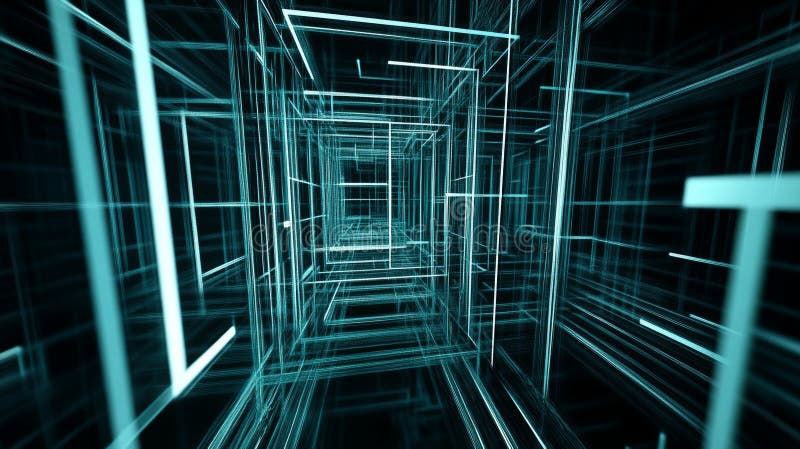 Laberinto digital de líneas y redes brillantes que representan un entorno de exploración espacial futurista imagen de archivo