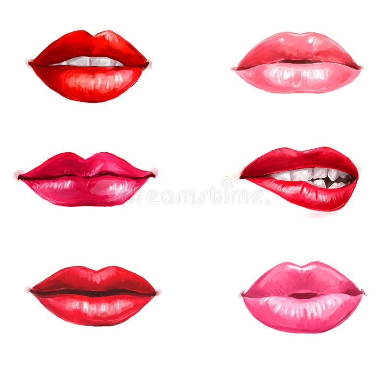 Labios fijados aislados en el fondo blanco Elemento del diseño Labios rojos Fondo de los labios Anuncio del lápiz labial Labios s