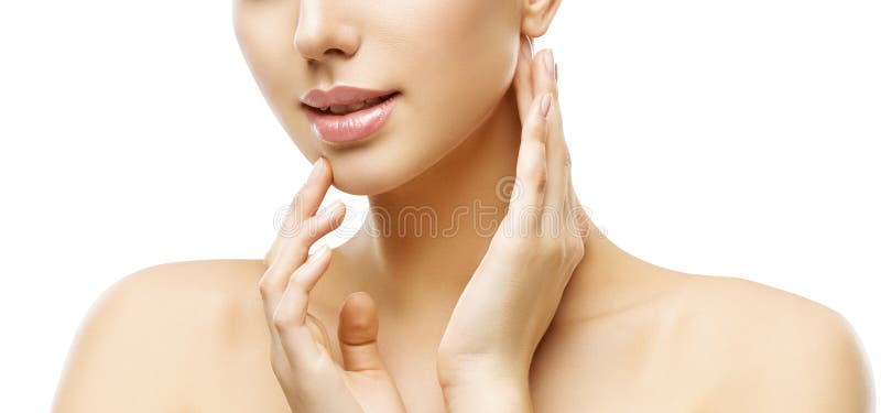 Labios y cuidado de piel de la cara, maquillaje y tratamiento, modo de la belleza de la mujer