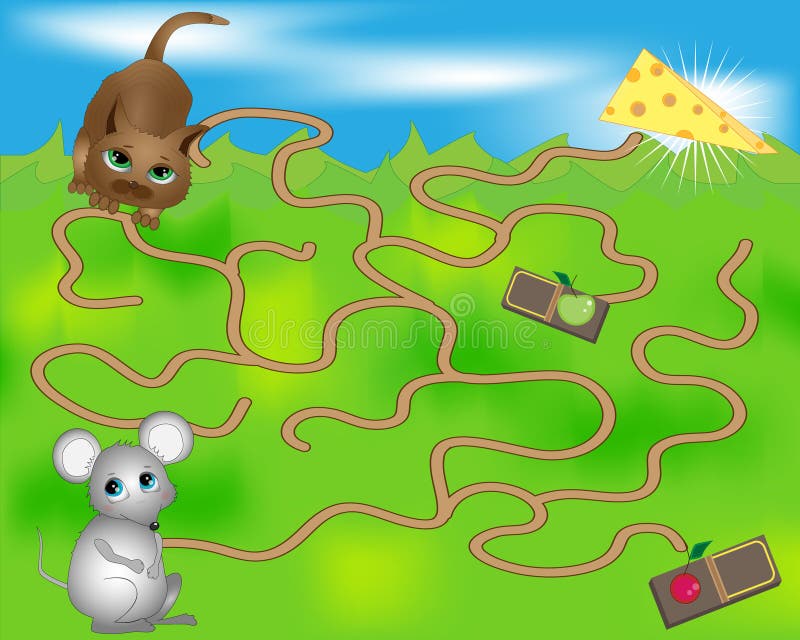 Childrens maze with the mouse and cat. game for children. Childrens maze with the mouse and cat. game for children.