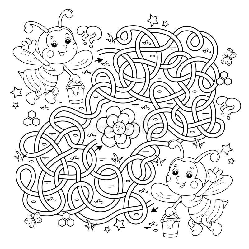 Labirinto o labirinto. rompicapo. strada stagnata. sagoma di pagina colorante di cartoni animati di piccole api con secchio di mie illustrazione vettoriale