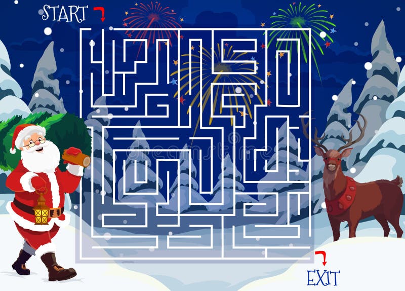 Jogo de labirinto de natal com labirinto de desenhos animados de papai noel  e presentes, quebra-cabeça de vetor de educação infantil. comece a terminar  o jogo, quebra-cabeça ou enigma, ajude o duende