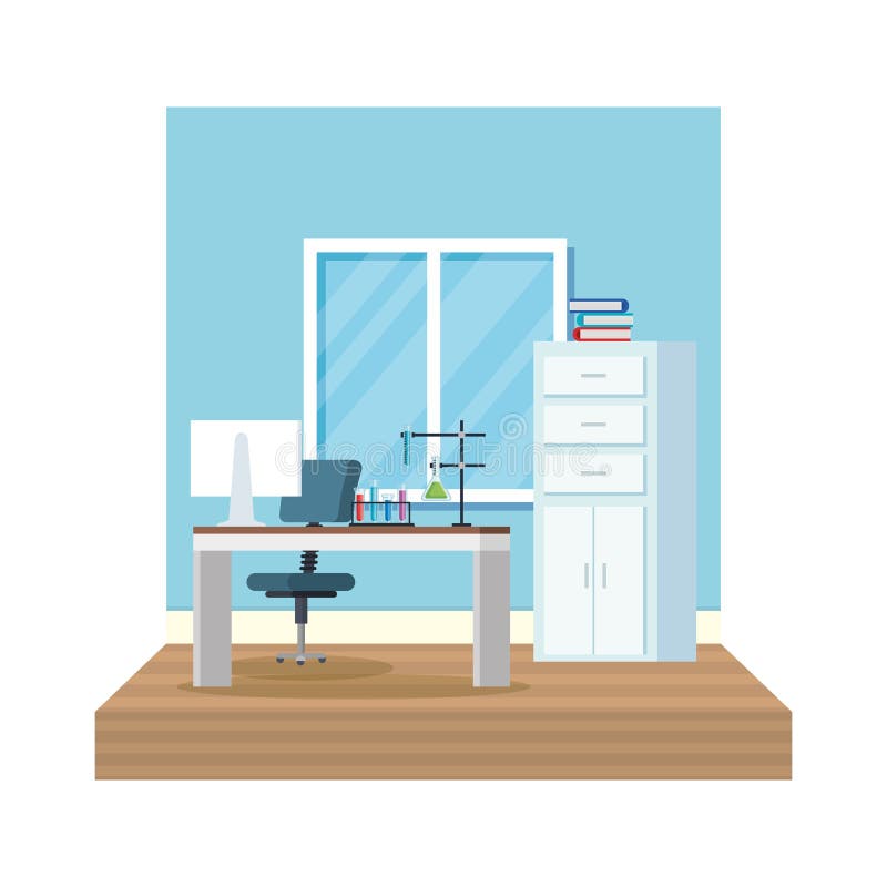 Laborancka biurowa miejsce pracy scena. Laboranckiej biurowej miejsce pracy sceny wektorowy ilustracyjny projekt