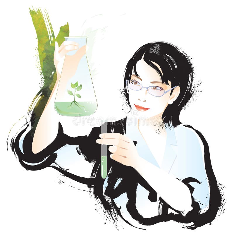 Female scientist examining liquid and plant in vial. Female scientist examining liquid and plant in vial