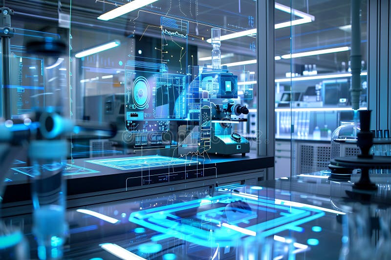 Laboratorio futuristico avanzato con interfaccia olografica e microscopio. L'immagine mostra un laboratorio scientifico all'avanguardia dotato di un microscopio sofisticato integrato con un'interfaccia utente olografica. Il display traslucido proietta intricate schemi blu e visualizzazioni dei dati direttamente sul banco di laboratorio, combinando informazioni digitali con l'apparecchiatura fisica. Questa tecnologia avanzata suggerisce un ambiente di ricerca ad alta tecnologia incentrato su analisi precise e scoperte scientifiche approfondite. L'estetica generale è pulita moderna e sorprendentemente futuristica.