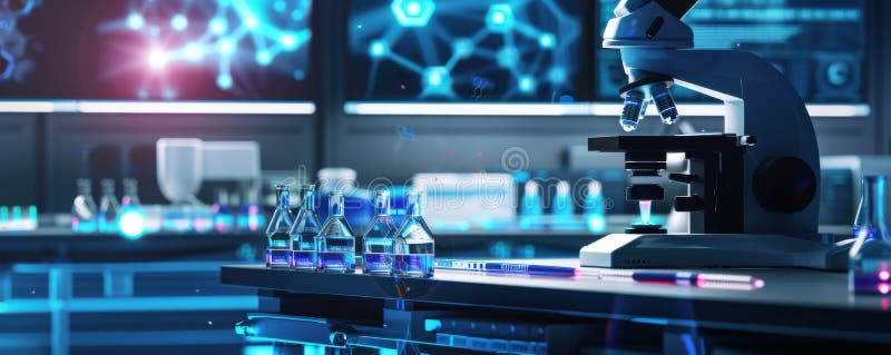 Laboratorio futuristico con display digitali blu luminosi con microscopio e becher di vetro royalty illustrazione gratis