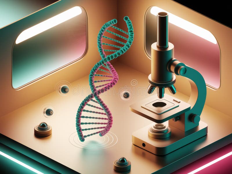 Laboratorio futuristico con elica 3d dna e microscopio in neon light royalty illustrazione gratis