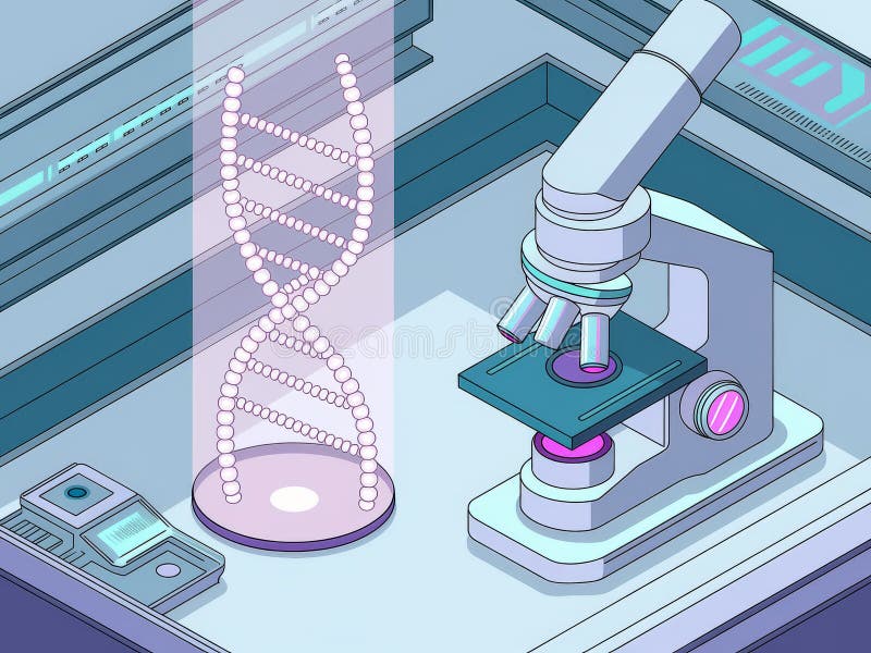 Laboratorio futuristico con elica dna e microscopio in un ambiente di ricerca guidato da tecnologie royalty illustrazione gratis