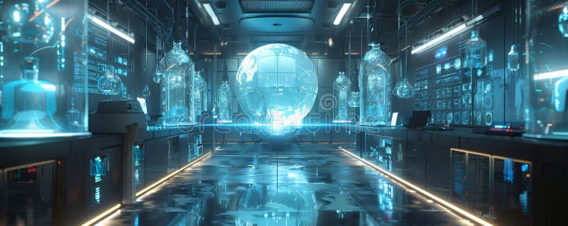 Laboratorio futuristico con globo olografico e apparecchiature tecnologiche avanzate in un ambiente ad alta tecnologia illustrazione di stock