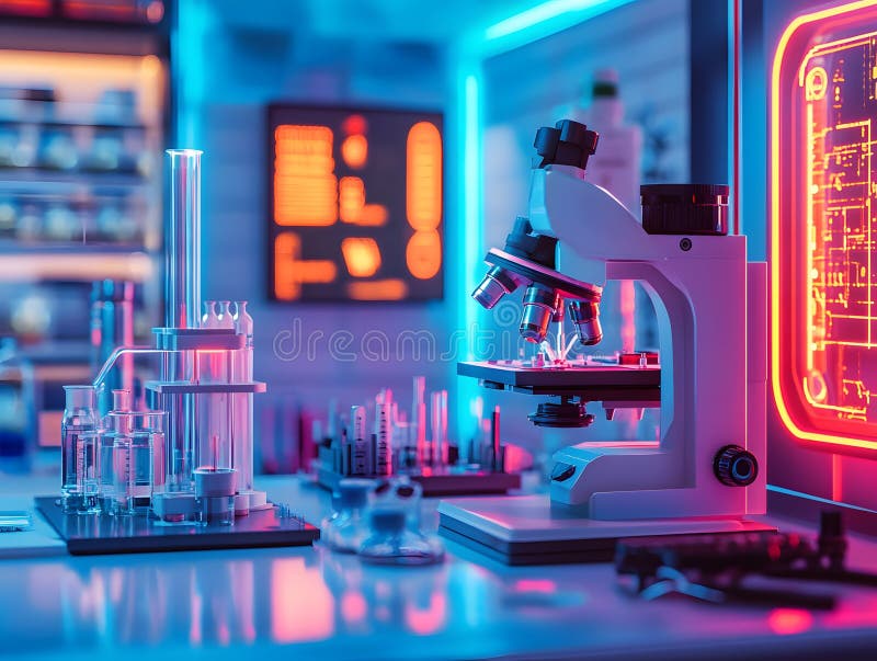 Laboratorio futuristico con neon Lights e microscopio illustrazione di stock