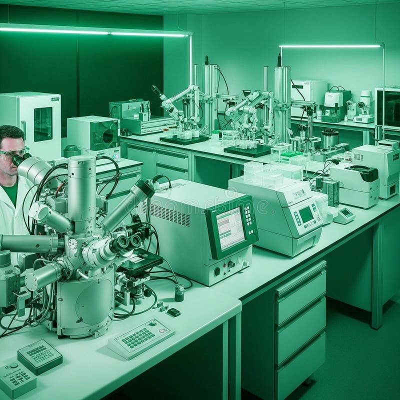 A laboratory with advanced scientific equipment and a green lighting scheme stock illustration