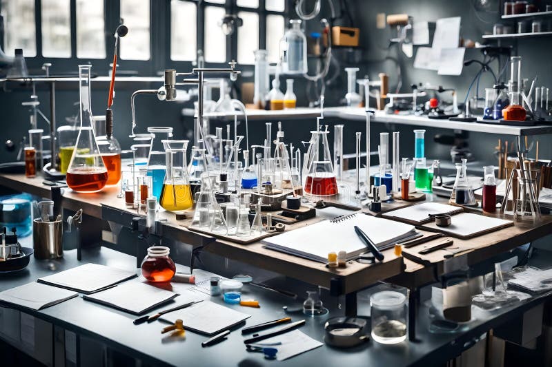 A Laboratory Bench Strewn with Lab Notebooks, Stock Image Image of
